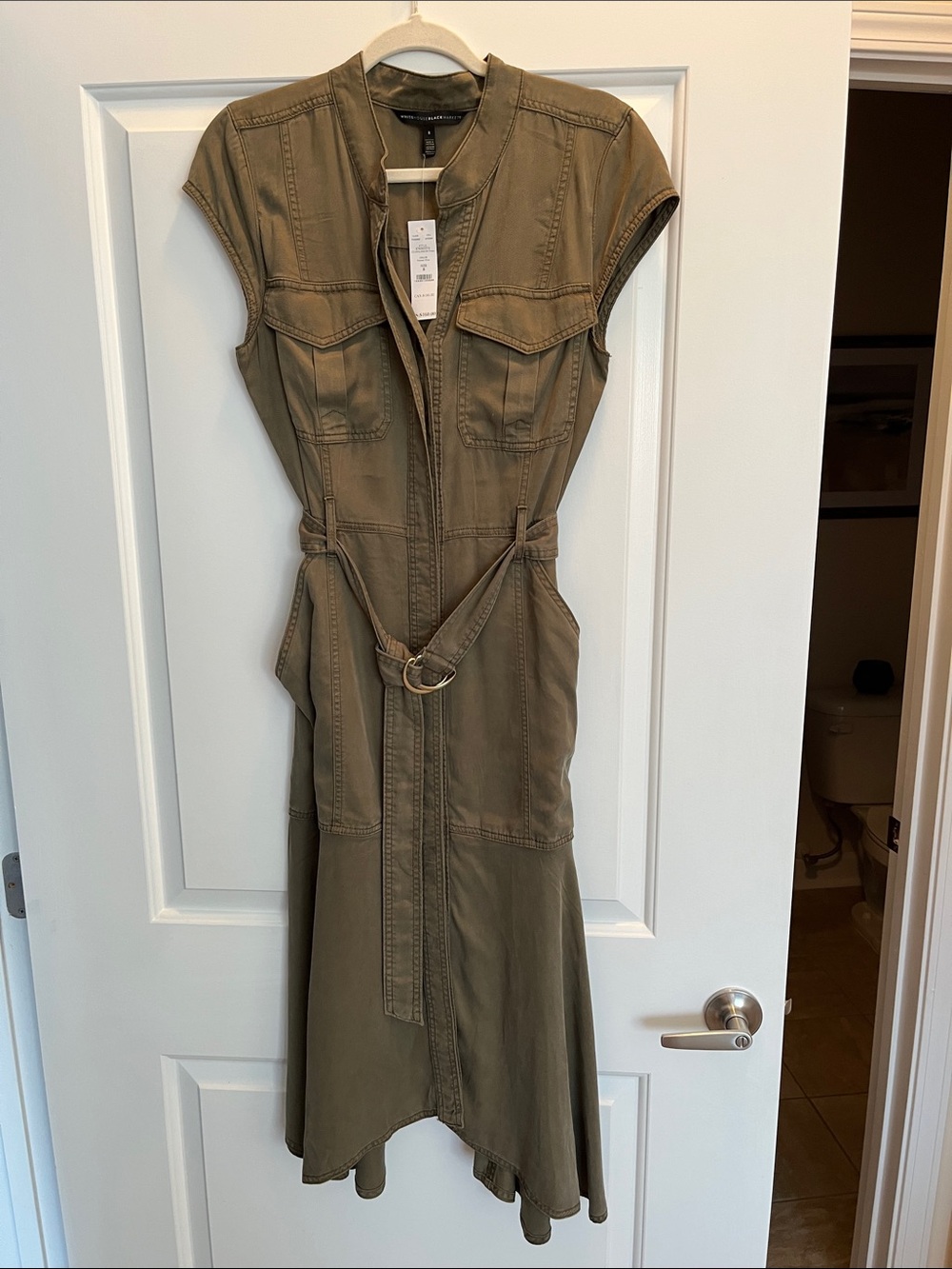 White House Black Market Sleeveless Olive Utility Midi Dress with Belt Sz 8